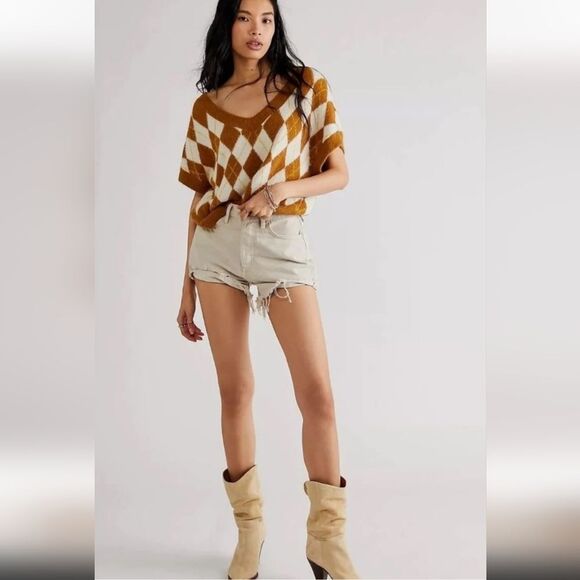 Free People  Oversized Argyle V-Neck Sweater Vest Size S - Picture 2 of 13